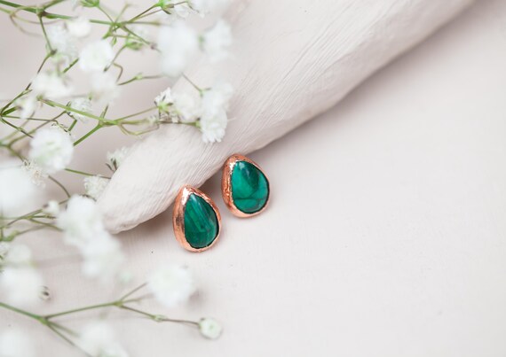 Raw electroformed copper Malachite stud earrings - handmade artisan jewelry - natural stone jewelry - unique gift