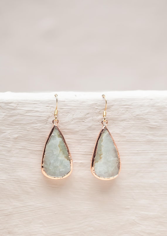 Raw electroformed copper prehnite earrings - Natural stone jewelry - unique gift