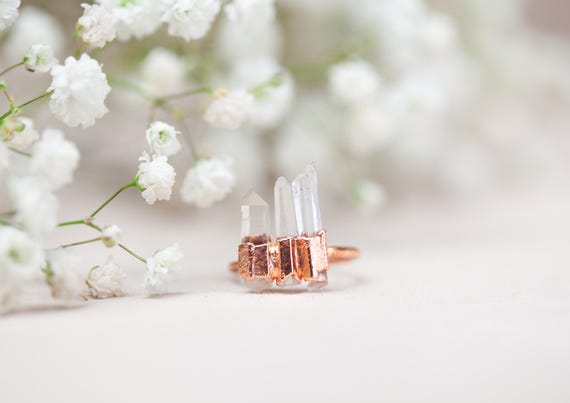 Raw Rock Crystal Copper Ring - Size FR52 / US6 - Natural Stone Jewelry - Electroformed Copper Ring - Handmade Gift