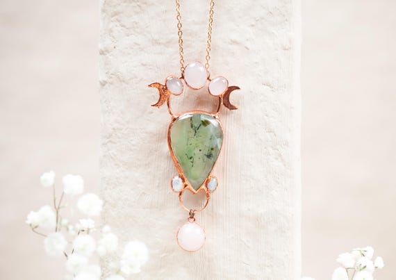 Prehnite, Rose Quartz and Peristerite Necklace in Raw Copper - Natural Stone Pendant - Unique Jewelry
