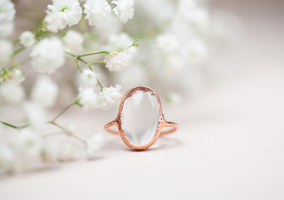 Raw copper rock crystal ring - Size FR 56 1/2 - natural stone jewelry - electroformed copper ring - Handmade gift