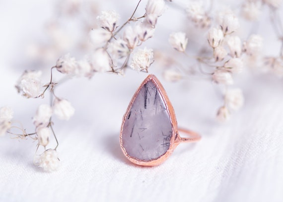 Quartz ring with Tourmaline inclusion in copper - FR Size 51 - Unique ring - Boho inspired jewelry -