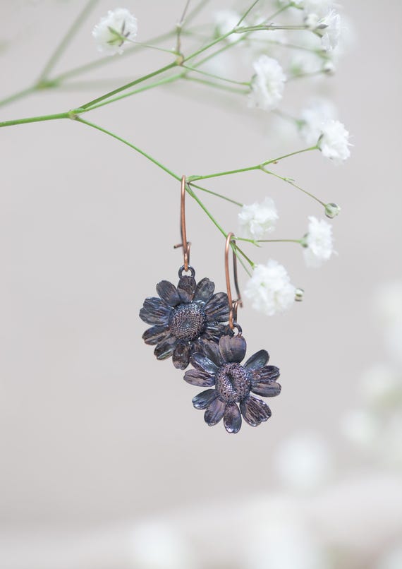 Daisy earrings - real flowers electroformed in patinated copper - unique piece of jewelry