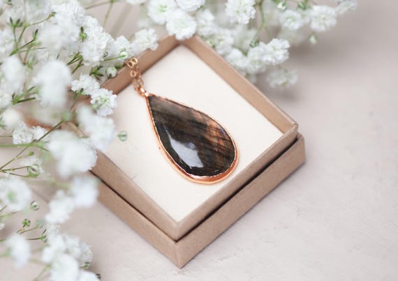Raw Copper Labradorite Necklace - Natural Labradorite Stone Pendant - Handmade Jewelry - Unique Gift