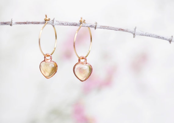 Citrine Heart Earrings - Mini Creole Citrine - Raw Copper Jewelry - Unique Gift - Natural Stone