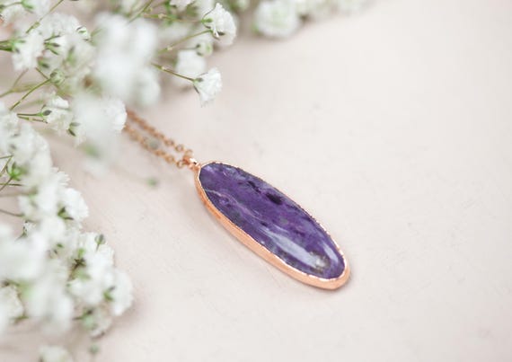 Raw copper charoite necklace - Natural Charoite stone pendant - Handcrafted jewelry - Unique gift.