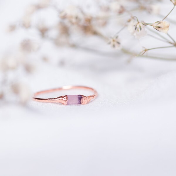 Bague Quartz rose cristallisé en cuivre - Taille FR55 - Bague minimaliste -Bijou  pierre naturelle quartz rose