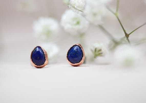 Lapis Lazuli stud earrings in electroformed raw copper - handmade artisan jewelry - natural stone jewelry - unique gift