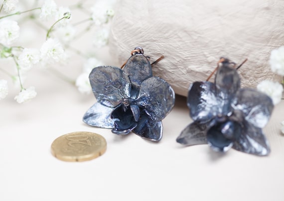 Real orchid earrings in patinated copper - real electroformed flower - botanical jewelry - unique gift