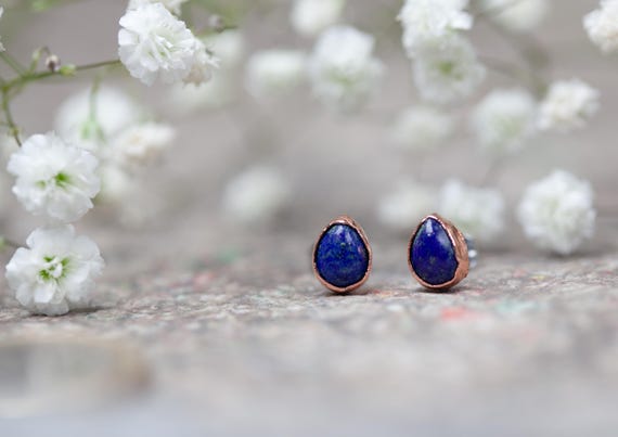 Lapis Lazuli stud earrings in electroformed raw copper - handmade artisan jewelry - natural stone jewelry - unique gift