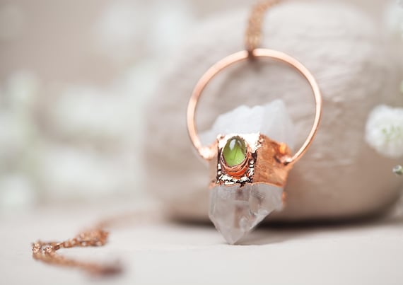 Rock Crystal & Peridot Necklace in Raw Copper - Natural Stone Jewelry - Unique Pendant