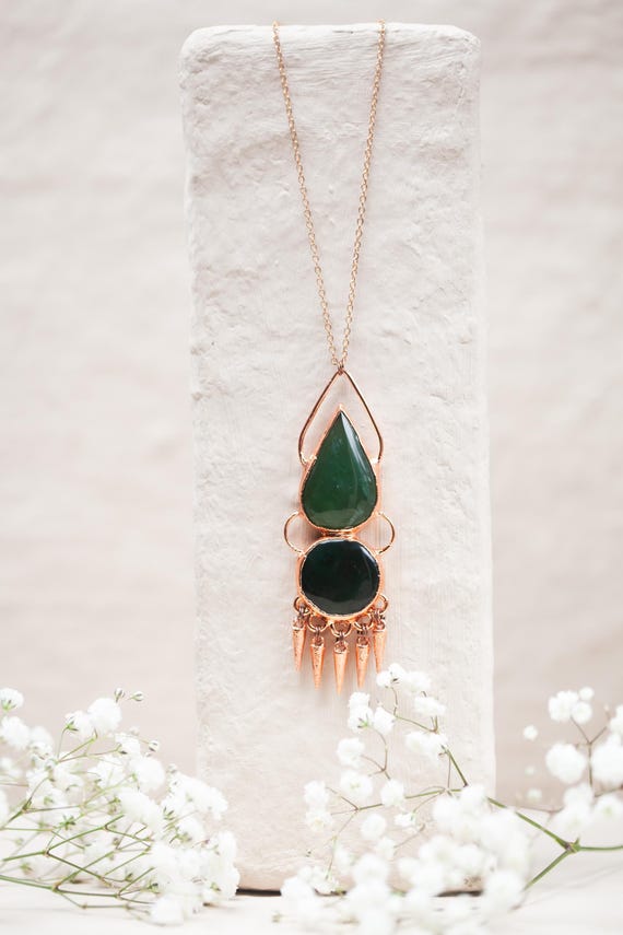 Raw Copper Jade Stone Necklace - Natural Stone Pendant - Electroformed Copper - Handcrafted Talisman - Handmade Jewelry