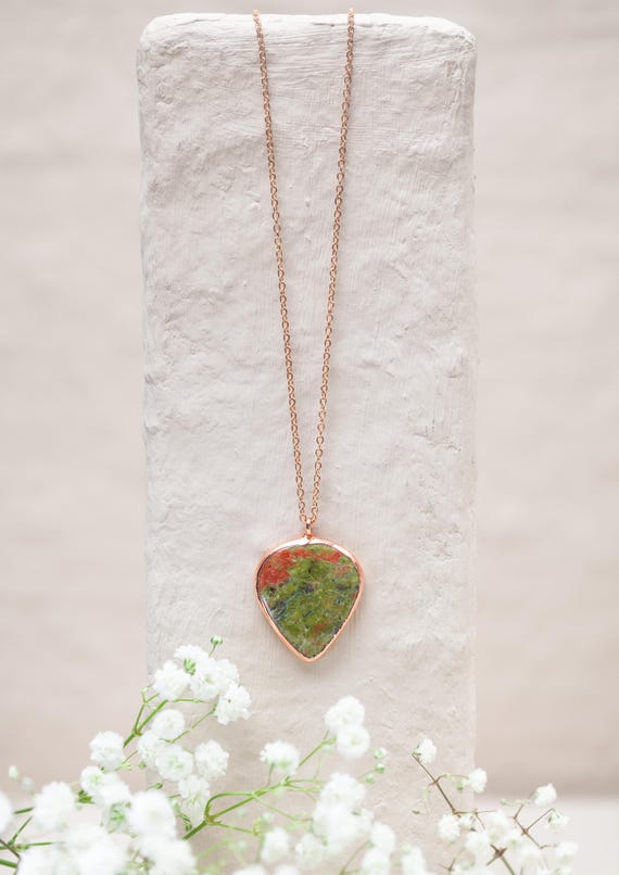 Raw Copper Unakite Necklace - Unakite Pendant - Natural Stone Jewelry - Unique Gift
