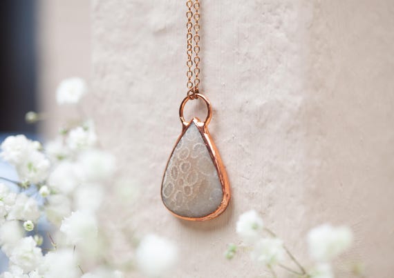 Raw Copper Fossilized Coral Pendant - Electroformed Natural Stone Jewelry -