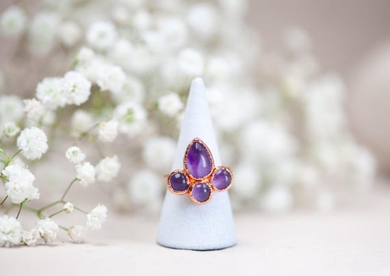 Raw Copper Amethyst Ring - Size FR53 / US6.5 - Natural Stone Jewelry - Electroformed Copper Ring - Handmade Gift