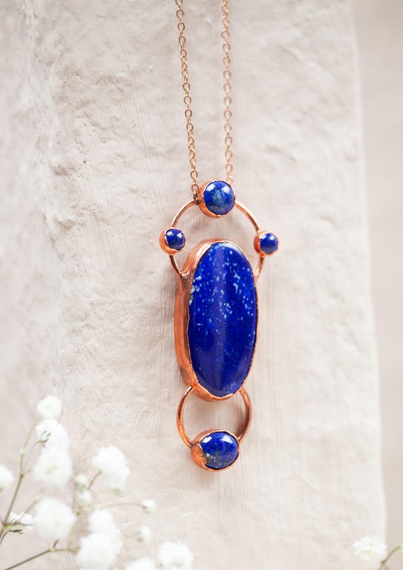 Raw Copper Lapis Lazuli Pendant - Natural Stone Necklace - Electroformed Copper - Handcrafted Talisman - Handmade