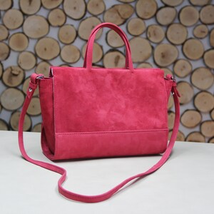 Handmade Small Raspberry Red Leather Handbag, Timeless Red Suede Shoulder Bags image 2