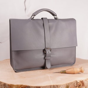 Handmade leather briefcase, practical work bag with notebook case, grey classic and modern briefcase image 1