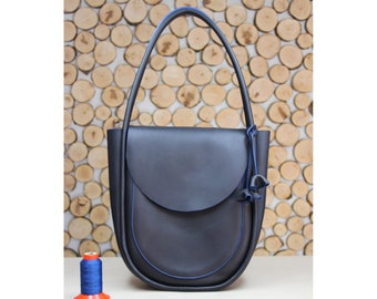 handmade half round handbag, modern black leather handbag with blue details