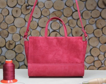 Handmade Small Raspberry Red Leather Handbag, Timeless Red Suede Shoulder Bags