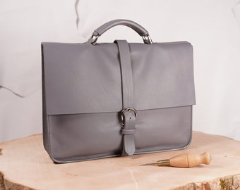 Handmade leather briefcase, practical work bag with notebook case, grey classic and modern briefcase