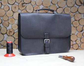 Handmade leather briefcase, business bag with notebook case