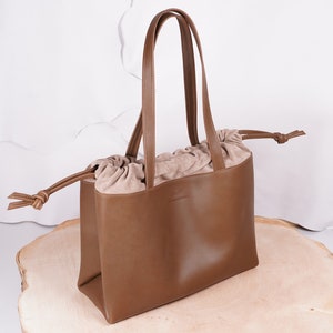 Large handmade leather bag in a pouch shape image 3