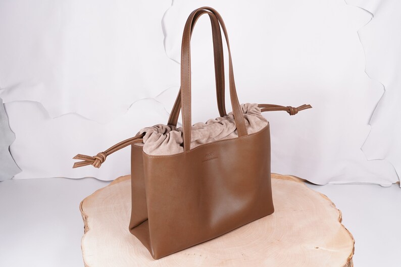 Large handmade leather bag in a pouch shape image 3