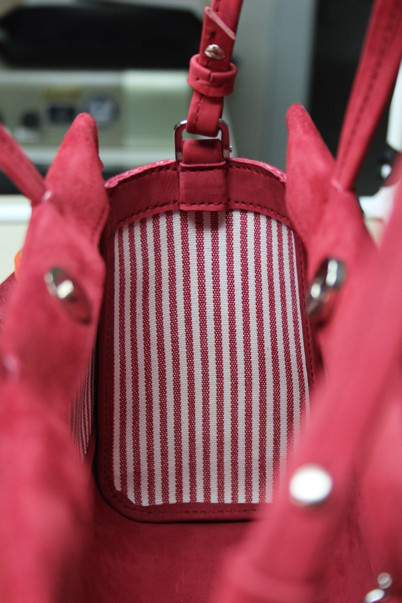 Handmade Small Raspberry Red Leather Handbag, Timeless Red Suede Shoulder Bags image 10