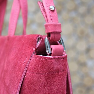 Handmade Small Raspberry Red Leather Handbag, Timeless Red Suede Shoulder Bags image 6