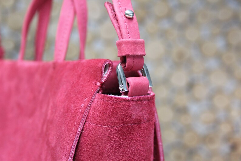 Handmade Small Raspberry Red Leather Handbag, Timeless Red Suede Shoulder Bags image 6