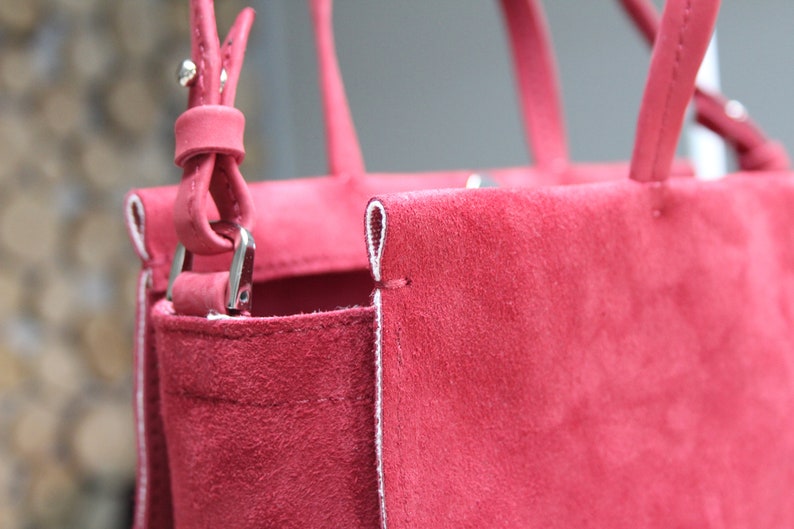 Handmade Small Raspberry Red Leather Handbag, Timeless Red Suede Shoulder Bags image 8