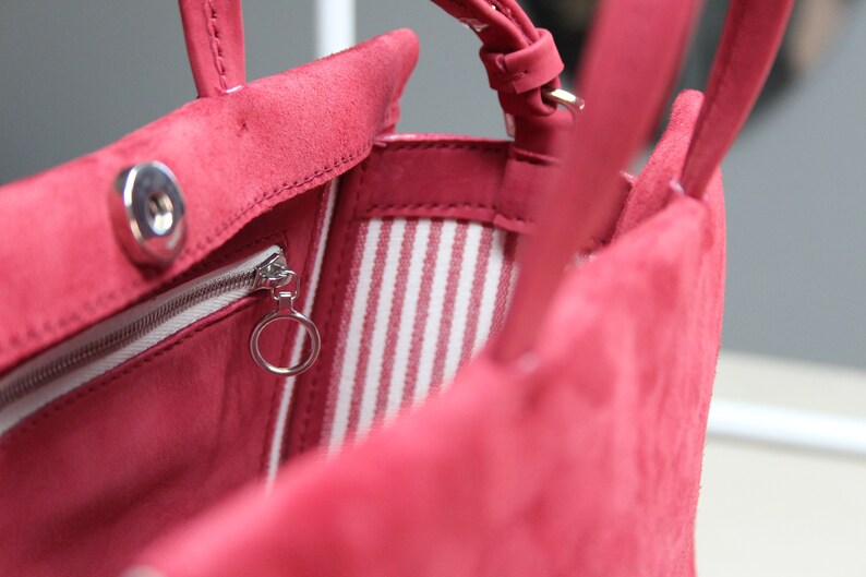 Handmade Small Raspberry Red Leather Handbag, Timeless Red Suede Shoulder Bags image 3