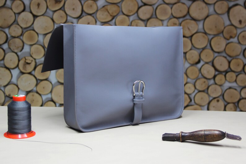 Handmade leather briefcase, practical work bag with notebook case, grey classic and modern briefcase image 4