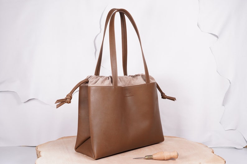 Large handmade leather bag in a pouch shape image 2