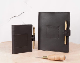 handmade leather cover for notebook with business card holder