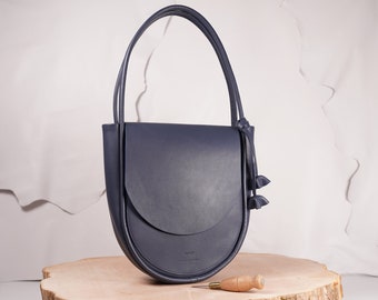 handmade leather half round handbag, modern gray/blue leather handbag