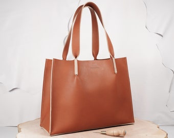 Large handmade waxed cowhide leather shopper natural handbag