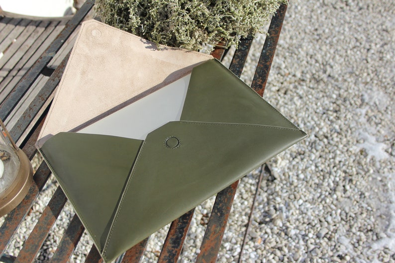 handmade leather laptop sleeve, envelope style notebook case, personalised laptop bag image 7