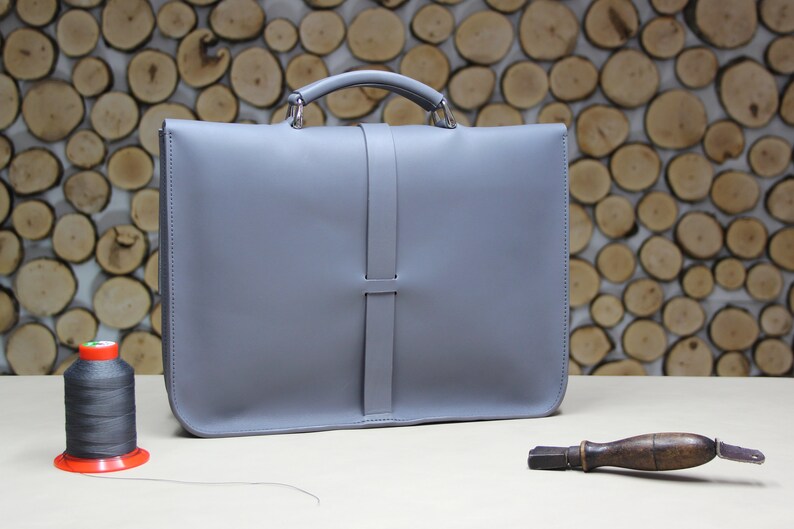 Handmade leather briefcase, practical work bag with notebook case, grey classic and modern briefcase image 3