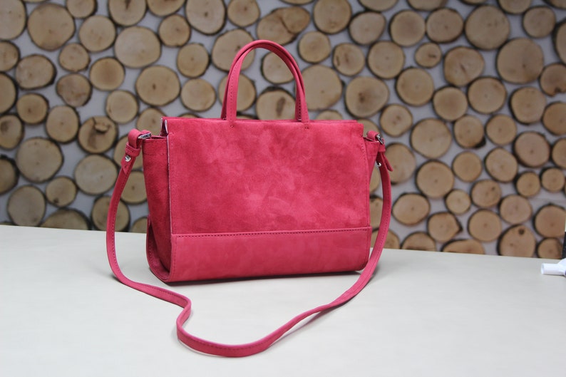 Handmade Small Raspberry Red Leather Handbag, Timeless Red Suede Shoulder Bags image 2