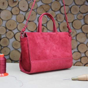Handmade Small Raspberry Red Leather Handbag, Timeless Red Suede Shoulder Bags image 5