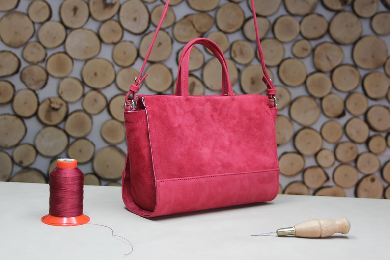 Handmade Small Raspberry Red Leather Handbag, Timeless Red Suede Shoulder Bags image 5