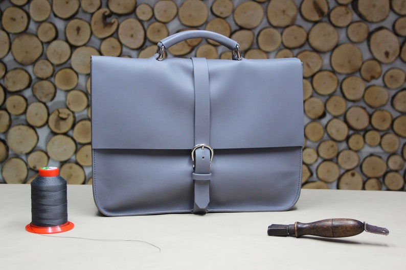 Handmade leather briefcase, practical work bag with notebook case, grey classic and modern briefcase image 2