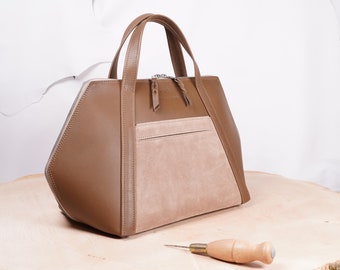 handmade modern leather handbag, small handle bag made of brown-coloured leather