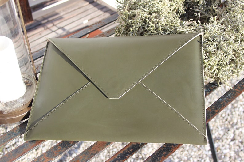 handmade leather laptop sleeve, envelope style notebook case, personalised laptop bag image 6