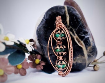 Green Agate Beads and Antiqued Copper Wire Wrapped Pendant
