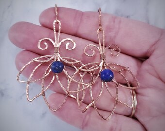 Lapis Lazuli Beads and Copper Lotus Earrings