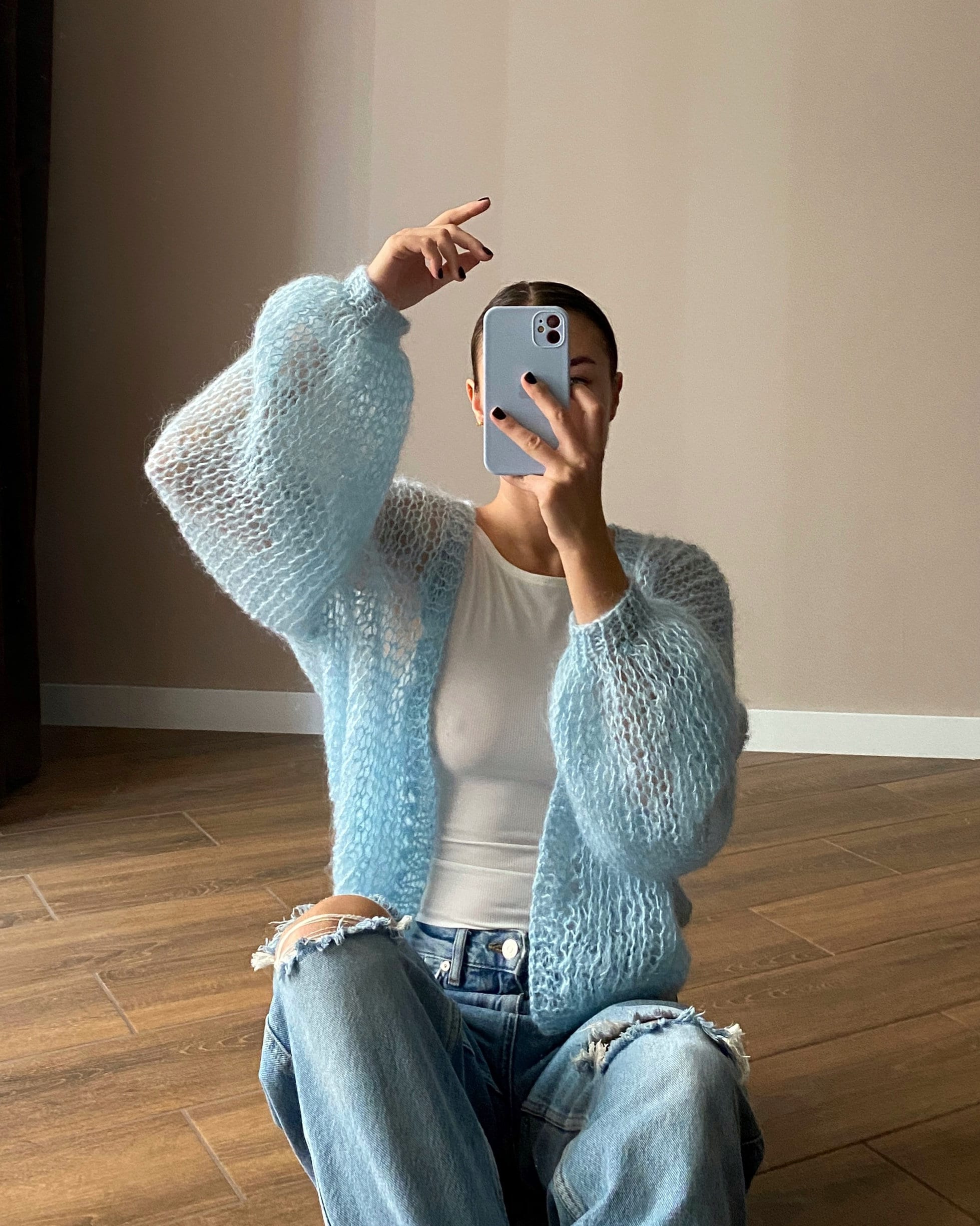 Long Sleeve Mohair Cardigan - Royal Blue main image 0