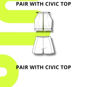 Pode incluir: Ilustra&ccedil;&atilde;o de moda de um conjunto de duas pe&ccedil;as. A parte de cima &eacute; um estilo halter com decote e bainha franzidos. Os cal&ccedil;&otilde;es s&atilde;o de cintura alta. O texto "PAIR WITH CIVIC TOP" &eacute; exibido acima e abaixo do conjunto. O logotipo Ambi est&aacute; na parte inferior.